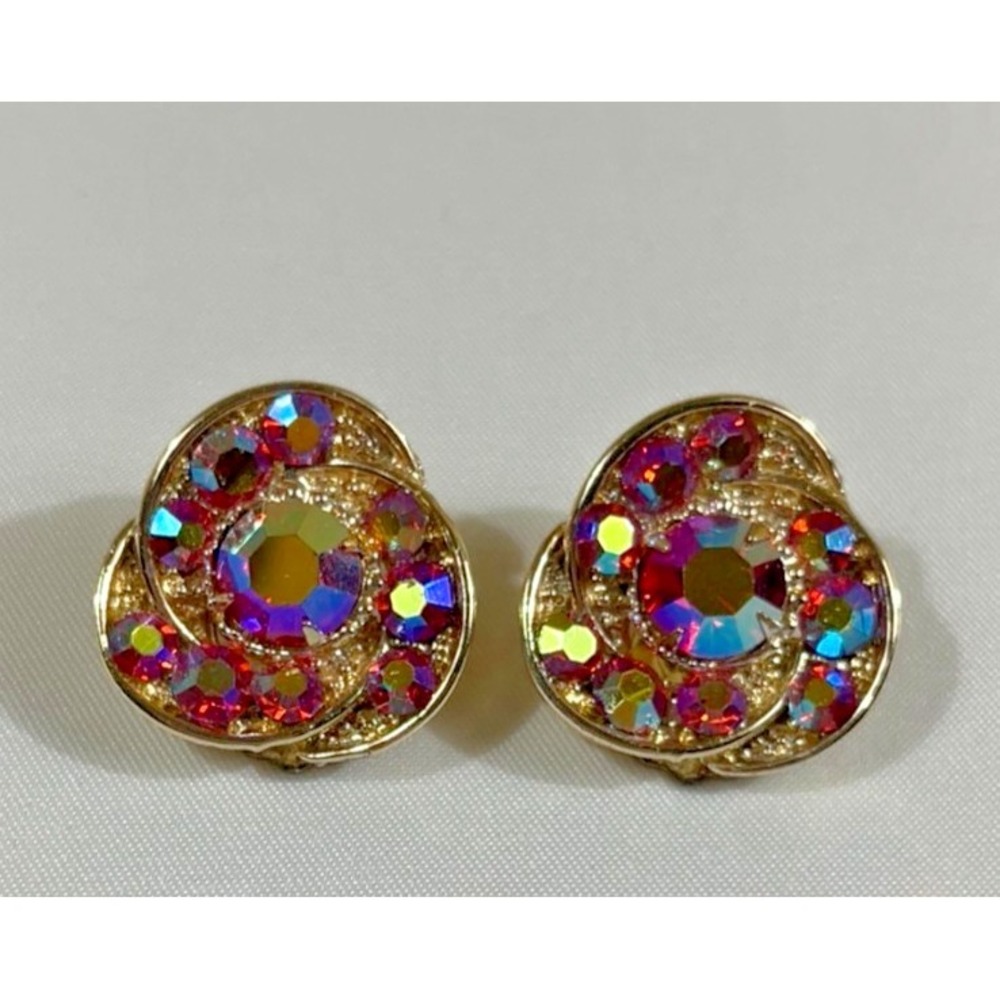 Vintage Gold Tone Aurora Borealis Rhinestone Swirl Clip On Earrings Whimsygoth